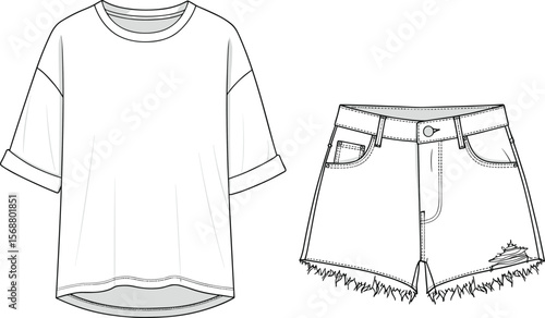CAD drawing flat vector illustration of oversized t-shirt and distressed denim shorts front view, technical fashion sketch apparel template