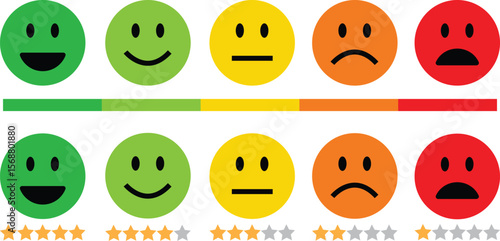 Feedback emoticon flat icon set. Very happy, happy, neutral, sad and very sad emoji. Rating face emoji with stars good to bad customer feedback indicator for survey, reviews, experience, satisfaction.