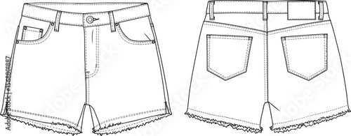 CAD drawing flat vector illustration of women’s denim shorts fashion template, front and back view, frayed raw hem design