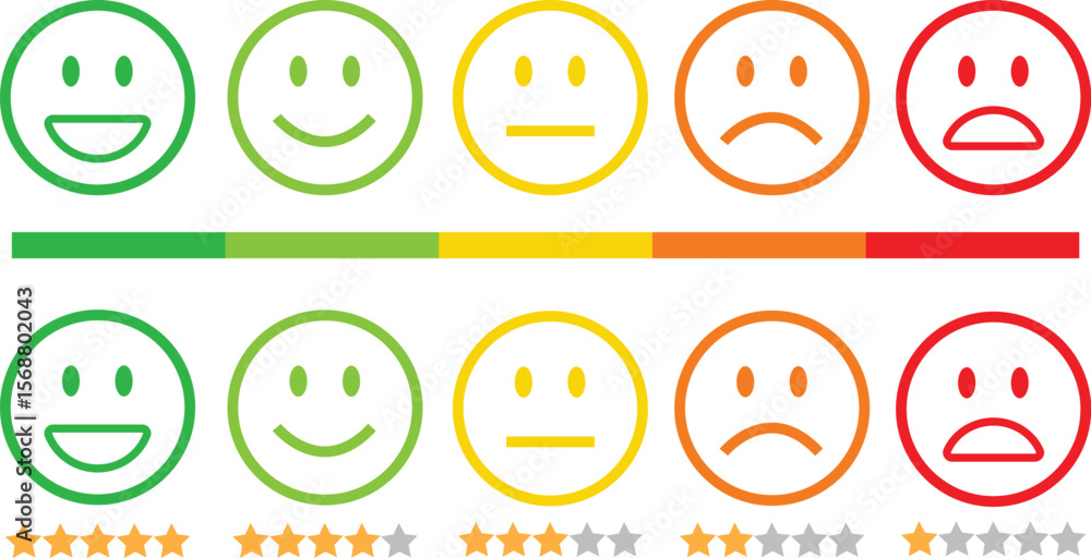 Naklejka premium Feedback emoticon line icon set. Very happy, happy, neutral, sad and very sad emoji. Rating face emoji with stars good to bad customer feedback indicator for survey, reviews, experience, satisfaction.