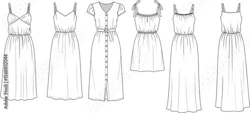 CAD drawing flat vector illustration of women’s summer dresses fashion design template, sleeveless midi and maxi dress styles