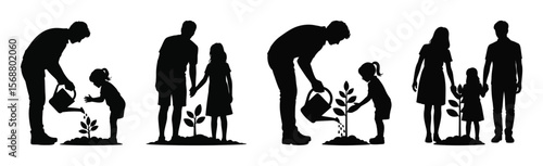 Watering tree family vector with girl child and father silhouette in environmental care theme