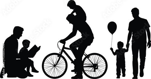 Vector silhouette of father and kids riding cycle, walking, reading and bonding moments