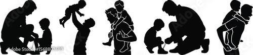 Dad helping child vector silhouette with pair activities like tying shoes and lifting in care moments