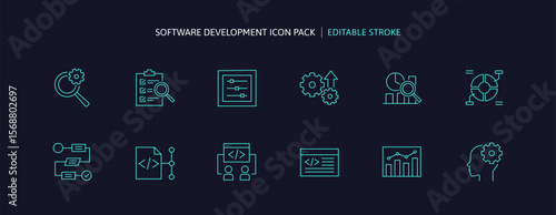 Software development automation icon set for developer. UX system design with AI coding or programming languages for productivity. Data analysis tech, engineering diagram and business flow process.