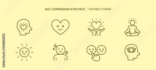 Self compassion icon set for good mental health. happiness emotion, joyful outline icons. kind people have self love, self Esteem, empathy mindset and mindfulness. Peaceful meditation for psychology