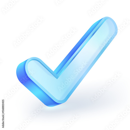 3D check mark icon. Material of the marker is clear blue crystal glass. symbolizing approval, confirmation, success and verification. Isolated on white background. Vector illustration.