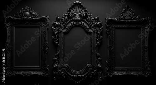 Three ornate black picture frames on a dark wall with decorative baroque style elements