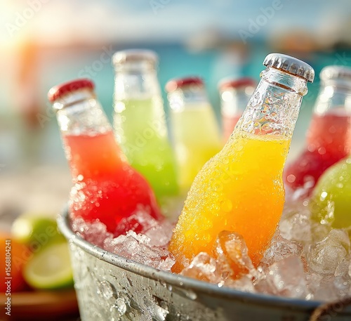 Colorful bottled drinks and cans rest in an ice bucket on a beach at sunset, highlighting vibrant colors against the soft evening light