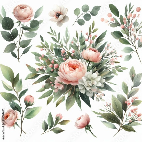 Watercolor floral illustration bouquet set - green leaves, pink peach blush white flowers branches. Wedding invitations, greetings, wallpapers, fashion, prints. Eucalyptus, olive, peony, rose