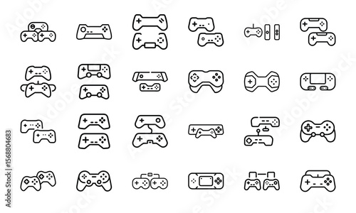 Collection of line art gaming controller icons illustrating various video game accessories