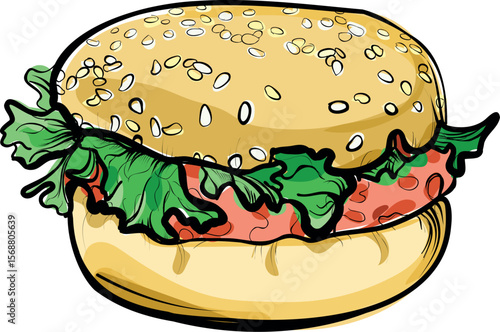 Burger with lettuce tomato and sesame bun sketch