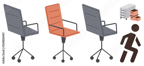 Three office chairs, storage cabinets, stacked boxes, and a walking figure symbolize resignation, job change, or relocation. Ideal for work transitions, career moves, workplace dynamics resignation