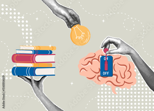 A trendy collage of halftone images. Unlocking knowledge, books, ideas, and the power of learning. The concept of learning, inclusion in work, and idea generation.