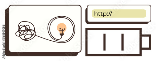 Lightbulb with tangled cord symbolizing ideas, empty battery denoting energy depletion, and browser bar for the internet. Ideal for innovation, technology, creativity, problem-solving, energy, modern