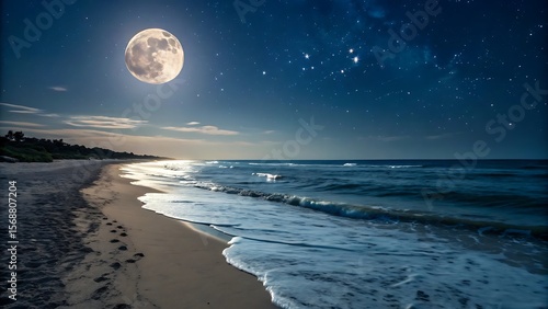 Luminous moonlit ocean waves crash on sandy shore night beach