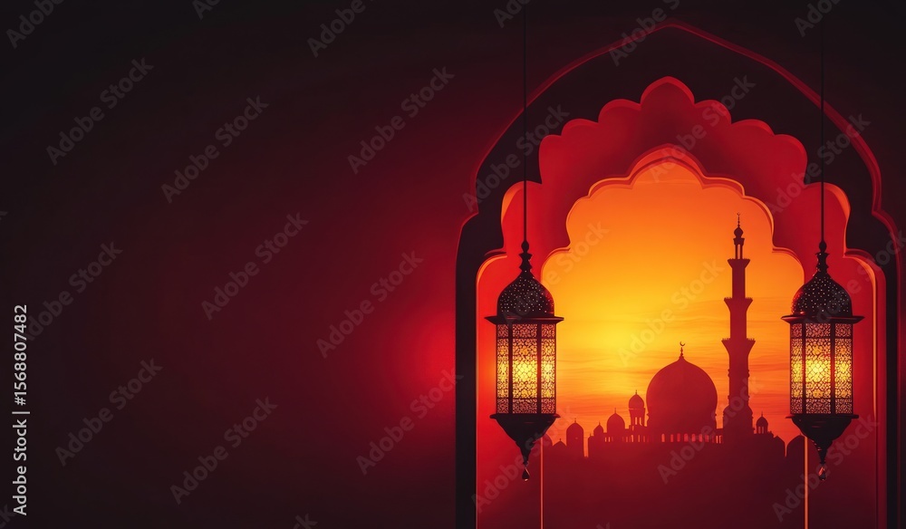 Fototapeta premium Mosque silhouette through arched window at sunset