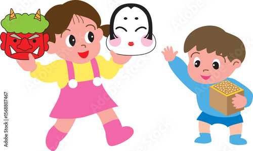節分でお面を持つ女の子と豆をまく男の子
