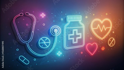 Neon medical icons glow against a textured dark background