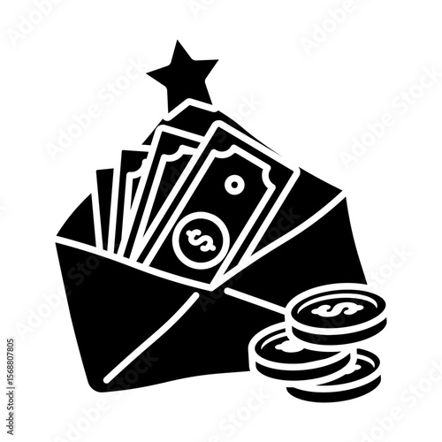 Financial Success vector icon solid style: An Envelope Filled with Cash and Coins, Symbolizing Wealth, Prosperity, and Achievement