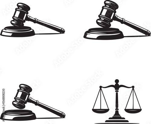 Wooden gavel silhouette set vector illustration isolated On Transparent Background