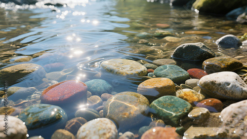 Shiny River Stones in Sunlight wet stones,
