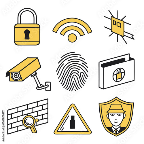 Collection of security and surveillance icons including a padlock wi fi surveillance camera fingerprint firewall and detective