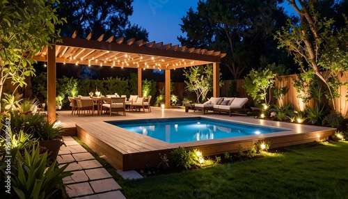 Elegant outdoor patio with pool at night
