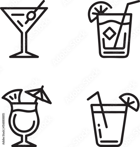 Set of Alcoholic cocktails Outline vector illustration isolated On Transparent Background