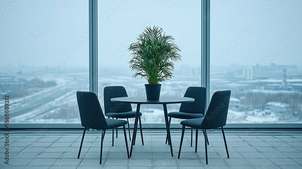 Fototapeta premium A round table with dark chairs against a panoramic window.