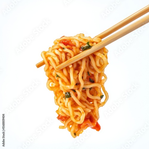 Chopsticks holding a clump of tomato-based instant noodles