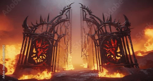 Ornate metal gates, blazing with infernal fire