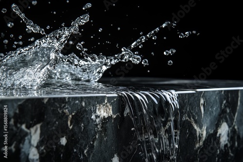 Water splashing on dark stone surface