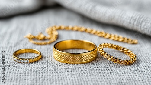 Gold rings and a chain on a light gray surface.