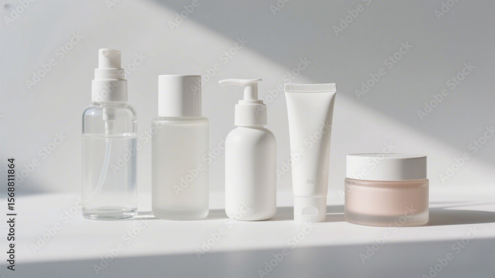 A photorealistic image featuring a group of minimalist skincare bottles with no logos or text, including pump bottles, tubes, and jars. The containers are designed in clean neutral tones such as white A photorealistic image featuring a group of minimalist skincare bottles with no logos or text, including pump bottles, tubes, and jars. The containers are designed in clean neutral tones such as white