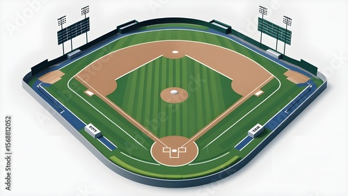 flat vector illustration of a typical baseball field layout, top-down view, green grass field with diamond shape