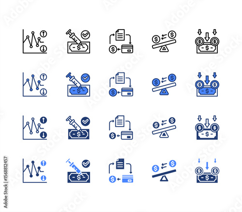 Economy Crisis icon sheet multiple style collection.  Volatility, Stimulus, Credit, Liquidity and Devaluation.	