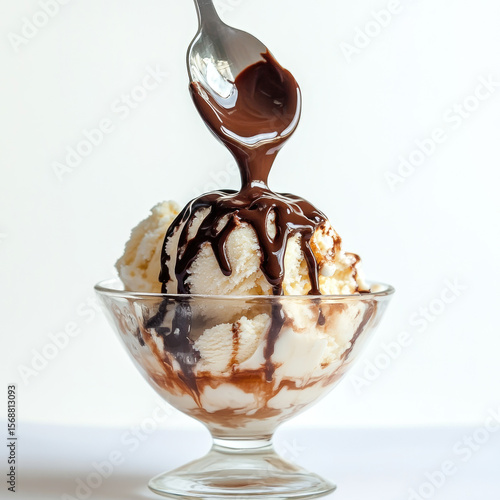 Ice cream under a stream of hot chocolate close-up, isolated, on a white background. Illustration for advertising a summer refreshing dessert.