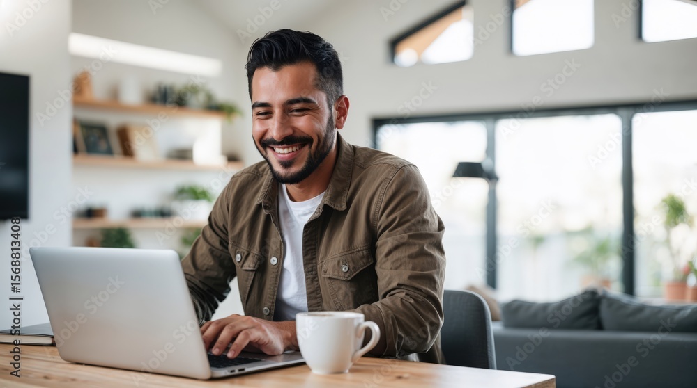 Obraz premium Happy young hispanic man working on laptop at home. Work from home remotely concept. Video call meeting online. Copy space