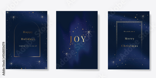 Luxury christmas and happy new year holiday cover template vector set. Gold twinkling star on navy blue background. Design for card, corporate, season's greeting, wallpaper, poster.