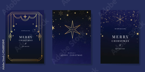 Luxury christmas and happy new year holiday cover template vector set. Gold twinkling star, hanging ball on navy blue background. Design for card, corporate, season's greeting, wallpaper, poster.