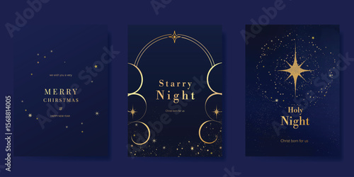 Luxury christmas and happy new year holiday cover template vector set. Gold twinkling star on navy blue background. Design for card, corporate, season's greeting, wallpaper, poster.