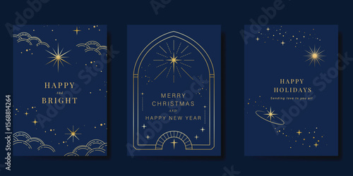 Luxury christmas and happy new year holiday cover template vector set. Gold twinkling star, frame on navy blue background. Design for card, corporate, season's greeting, wallpaper, poster.