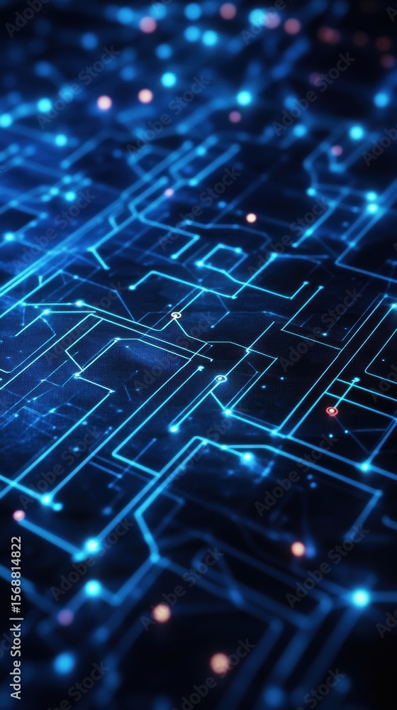 Obraz premium Abstract Digital Circuit Board Background: Glowing Blue Lines and Nodes