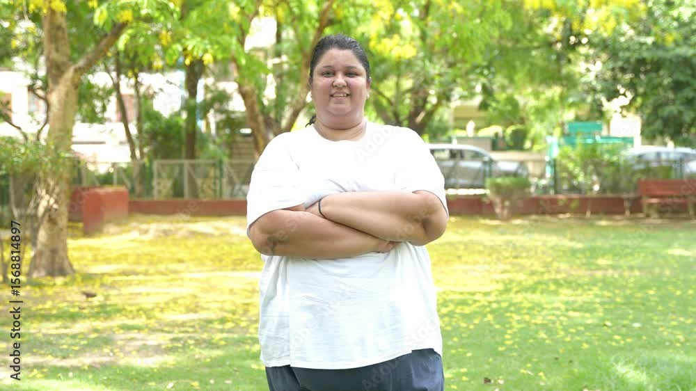 Overweight indian woman standing cross arms in summer park. Smiling Plus size lady looking camera. Obesity concept. Overweight indian woman standing cross arms in summer park. Smiling Plus size lady looking camera. Obesity concept.