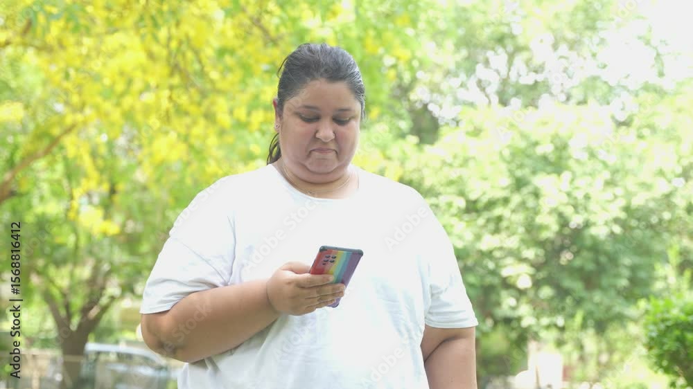 Overweight indian woman using smart phone in summer park. Smiling Plus size lady holding mobile phone. Online weight loss application. Obesity. Overweight indian woman using smart phone in summer park. Smiling Plus size lady holding mobile phone. Online weight loss application. Obesity.