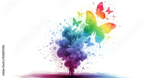 Colorful Butterflies Emerging From Vibrant Swirling Rainbow Smoke on White