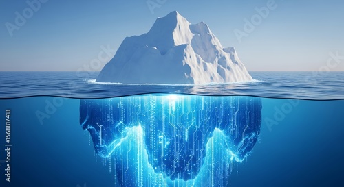 An iceberg drifts in the ocean, symbolizing technology with circuit patterns beneath the surface of the water