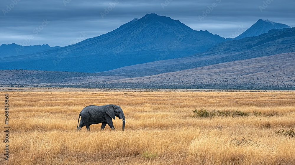 Fototapeta premium Single elephant in a vast golden grassland landscape with mountains in the background.