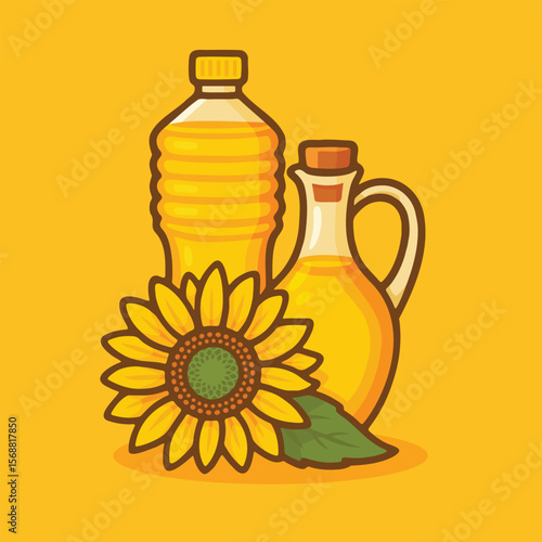 Vector cartoon illustration of sunflower oil in bottles, with a fresh sunflower beside. Great for health, organic, or cooking-related designs.